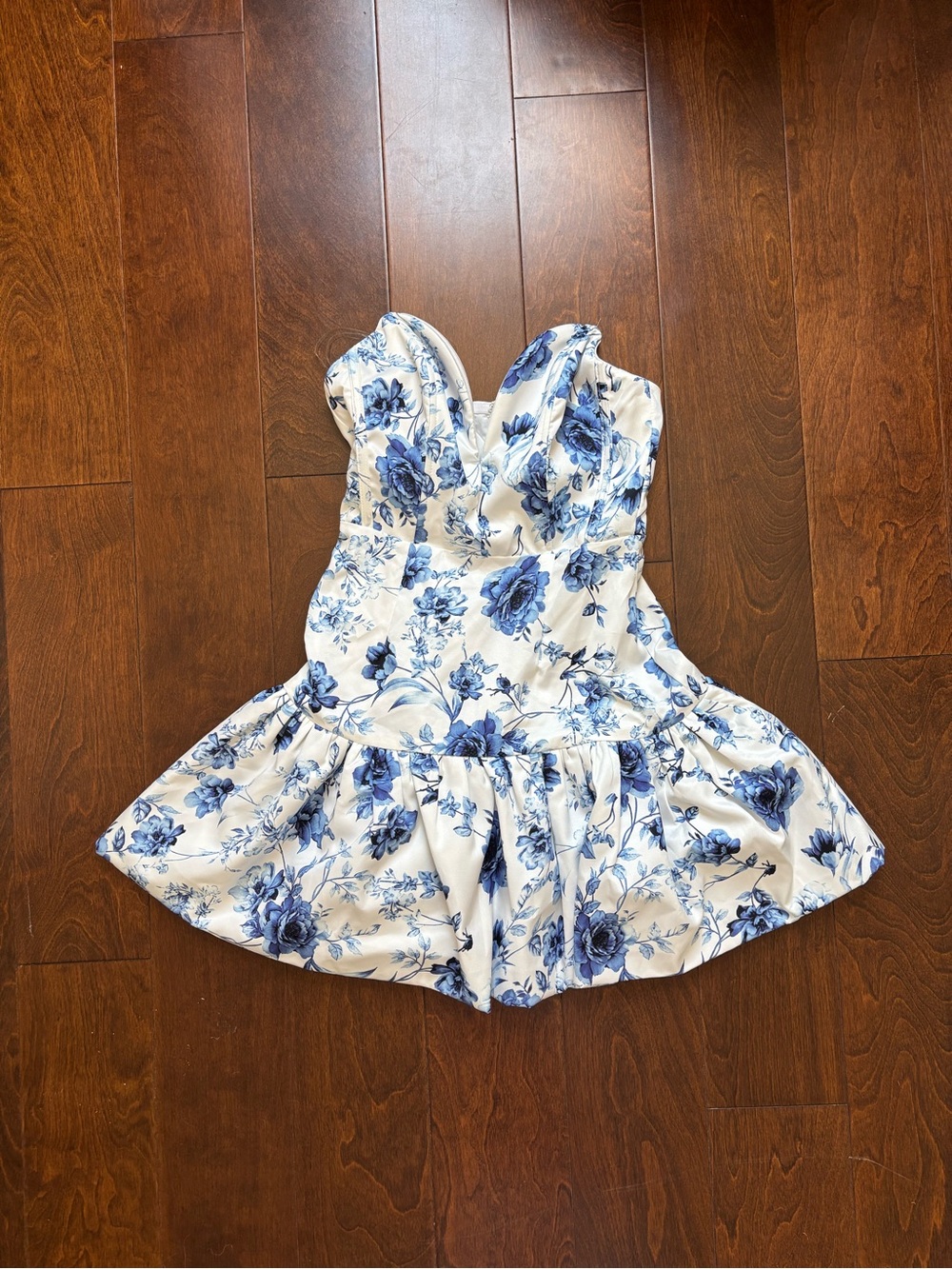Fashion Nova Strapless White Mini Dress with Blue Floral Pattern